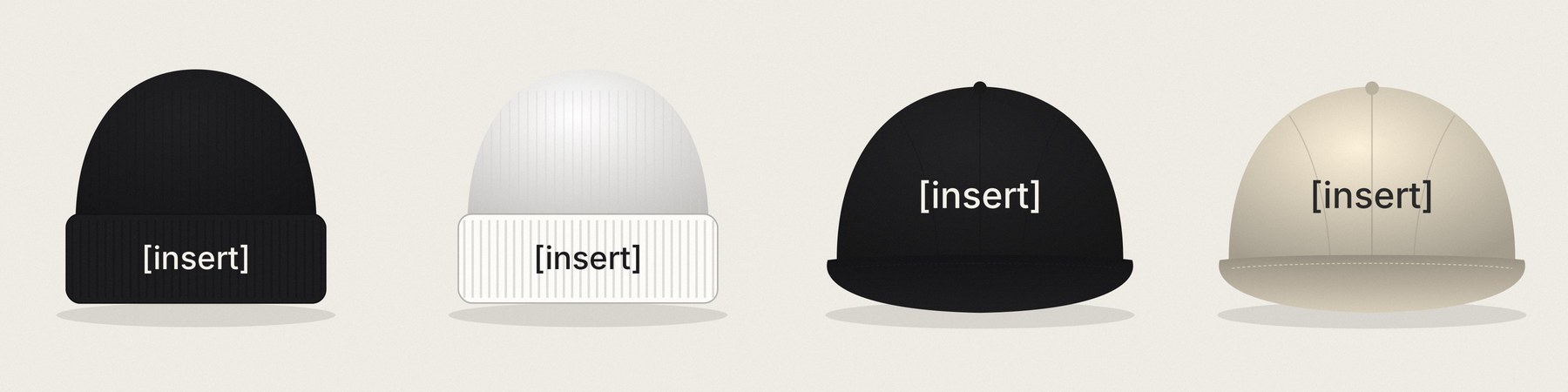[insert] embroidered beanies in black and white and caps in black and stone